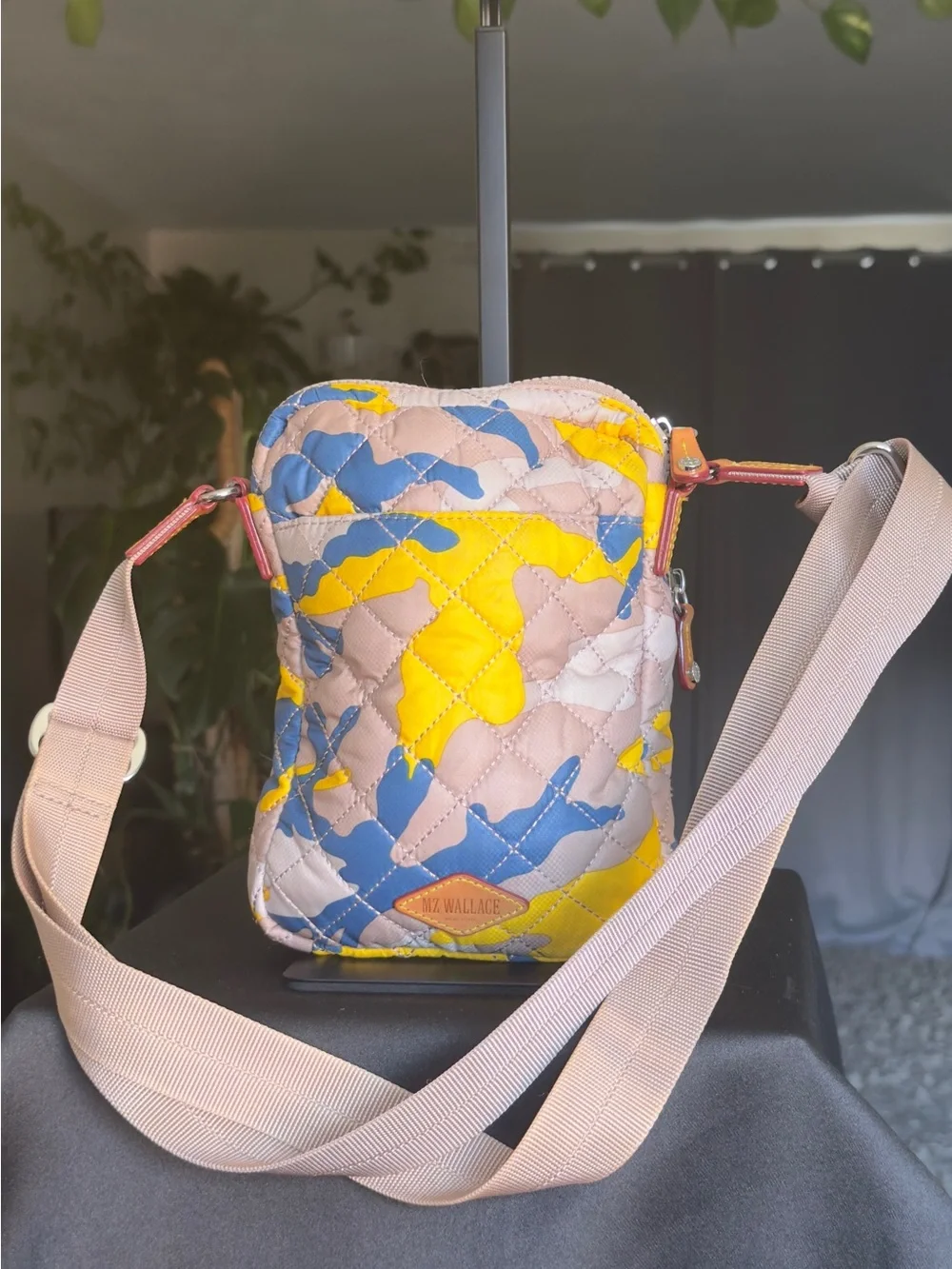 MZ Wallace Metro Crossbody Bag Spring Camo Quilted Nylon Yellow Blue Phone Pouch